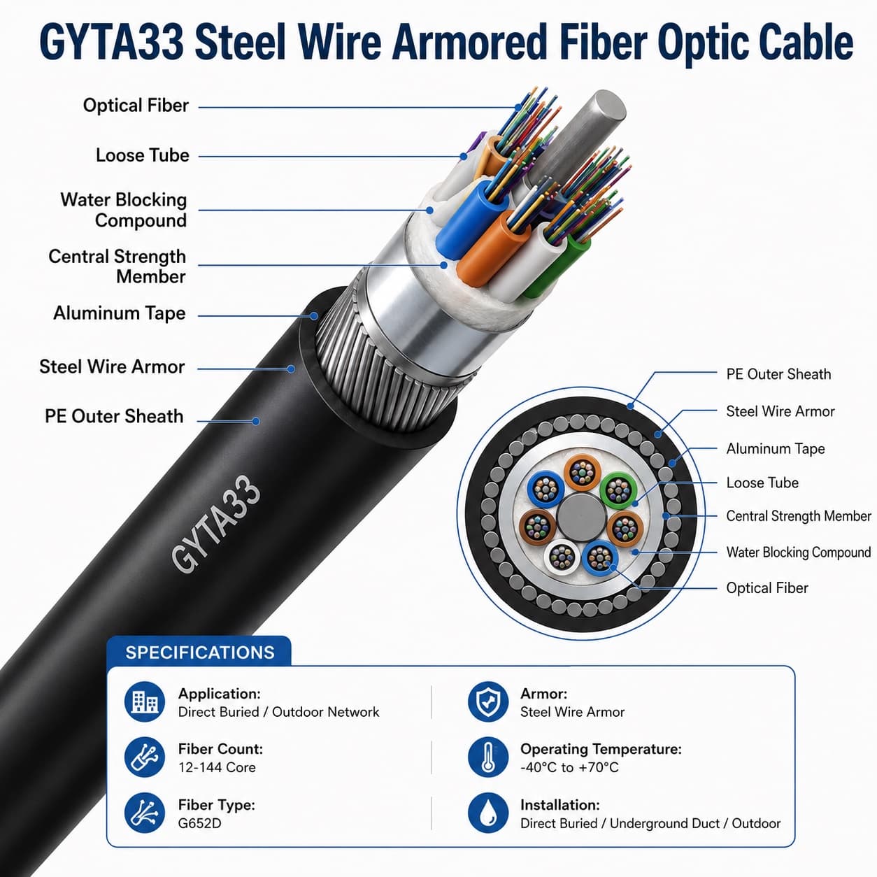 GYTA33 Steel Wire Armored Fiber Optic Cable detail 2